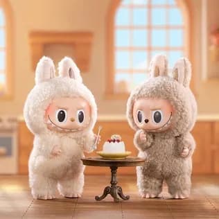 Pair of Fluffy Bunny Figures with Mini Cake
